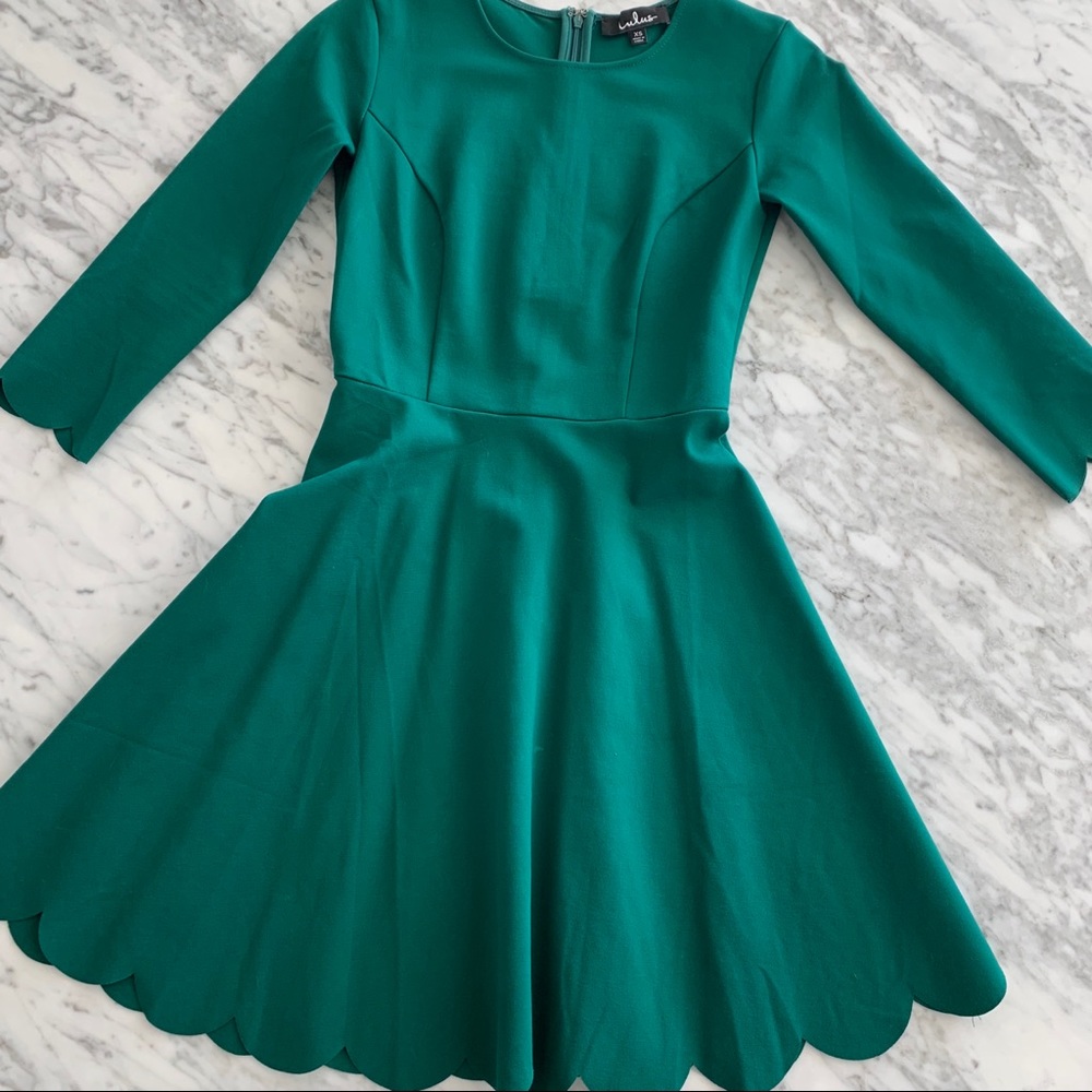Green lulus skater dress with scalloped detailing
